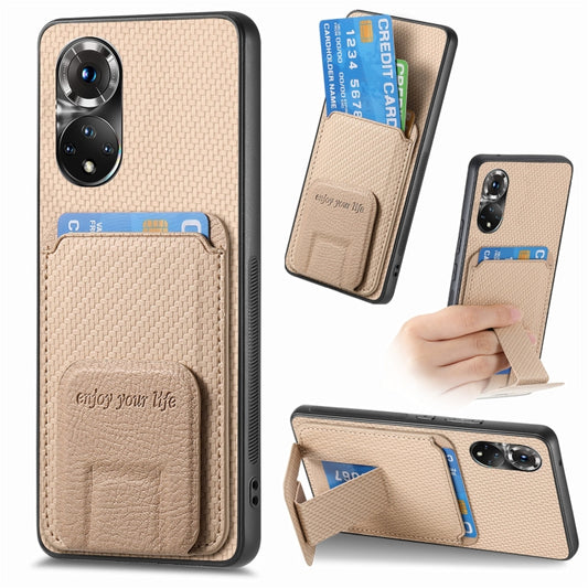 For Honor 50 Carbon Fiber Card Bag Fold Stand Phone Case(Khaki)