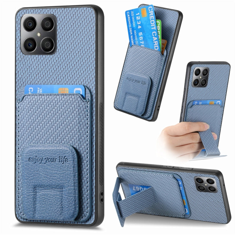 For Honor X8 5G Carbon Fiber Card Bag Fold Stand Phone Case(Blue)