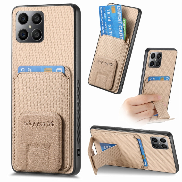 For Honor X8 5G Carbon Fiber Card Bag Fold Stand Phone Case(Khaki)