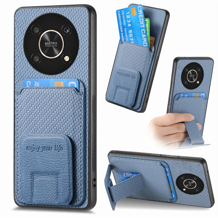 For Honor X30/X9 5G/Magic4 Lite Carbon Fiber Card Bag Fold Stand Phone Case(Blue)
