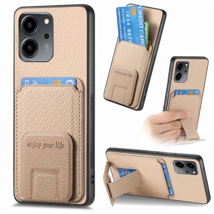 For Honor 80 SE Carbon Fiber Card Bag Fold Stand Phone Case(Khaki)
