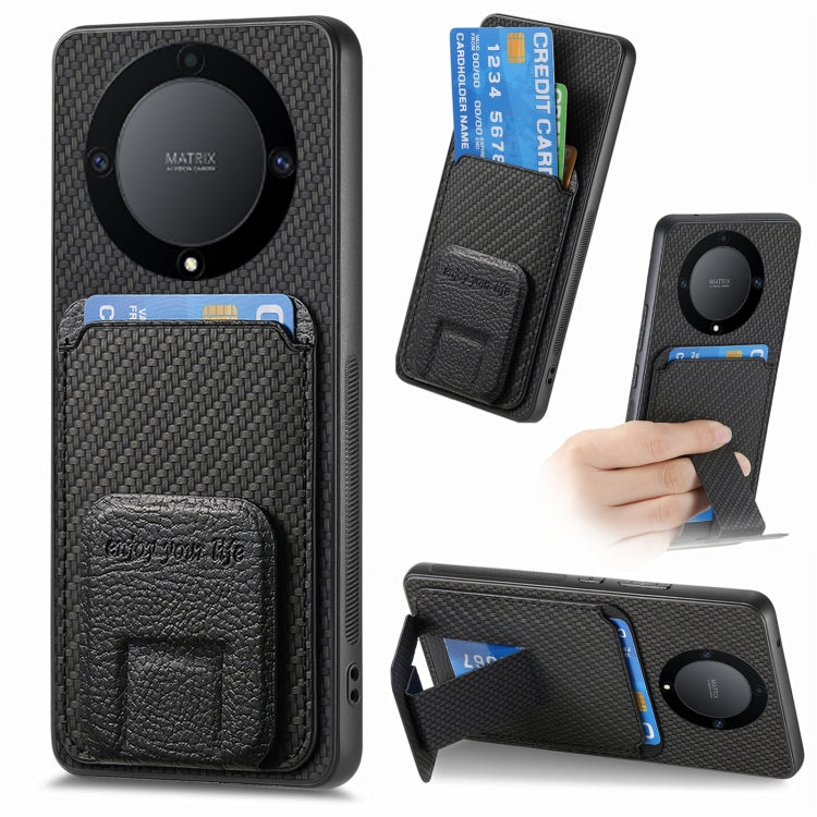 For Honor X9A Carbon Fiber Card Bag Fold Stand Phone Case(Black)