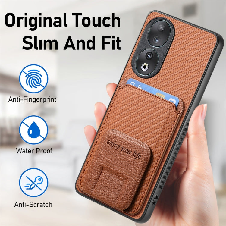 For Honor 90 Carbon Fiber Card Bag Fold Stand Phone Case(Brown)
