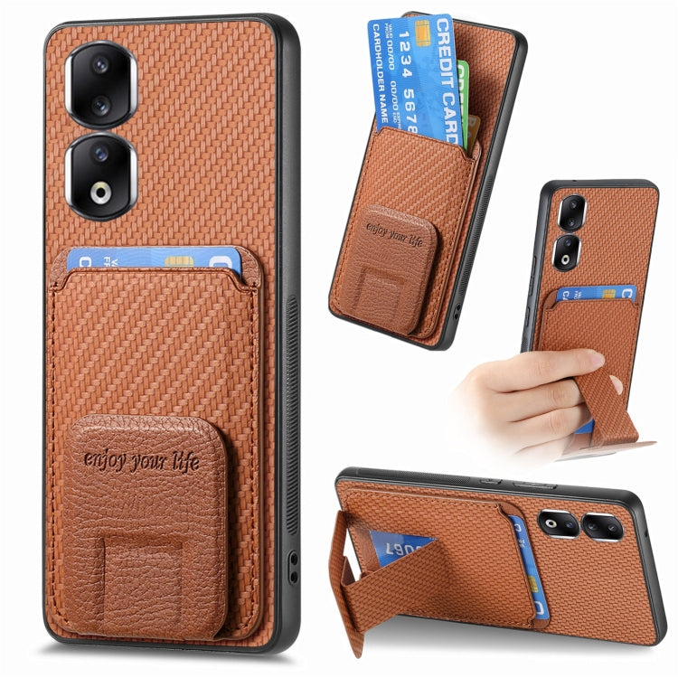 For Honor 90 Pro Carbon Fiber Card Bag Fold Stand Phone Case(Brown)
