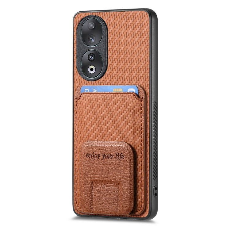 For Honor 100 5G Carbon Fiber Card Bag Fold Stand Phone Case(Brown)