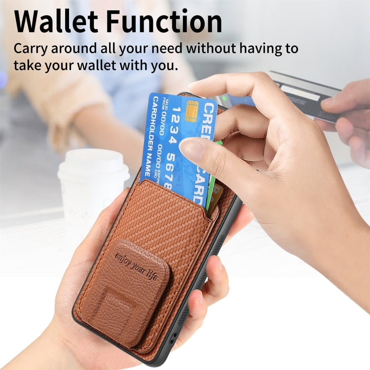 For Honor 100 5G Carbon Fiber Card Bag Fold Stand Phone Case(Brown)