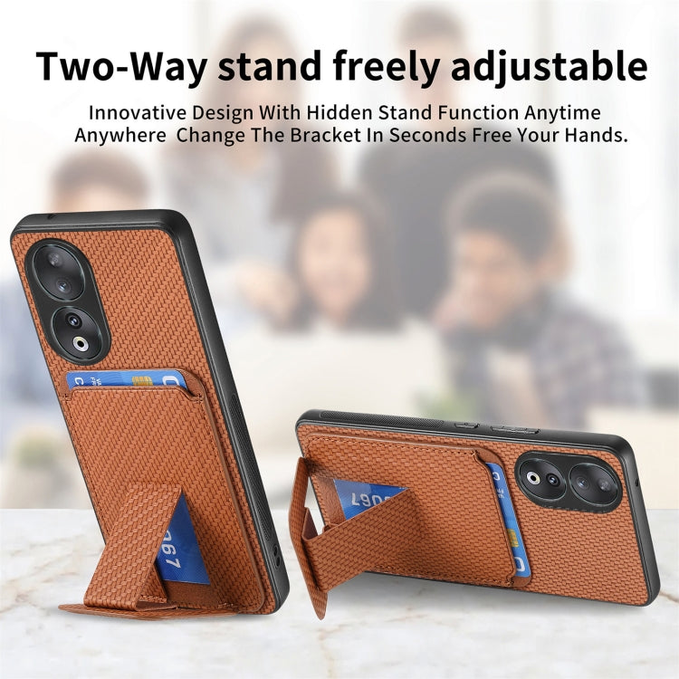 For Honor 100 5G Carbon Fiber Card Bag Fold Stand Phone Case(Brown)