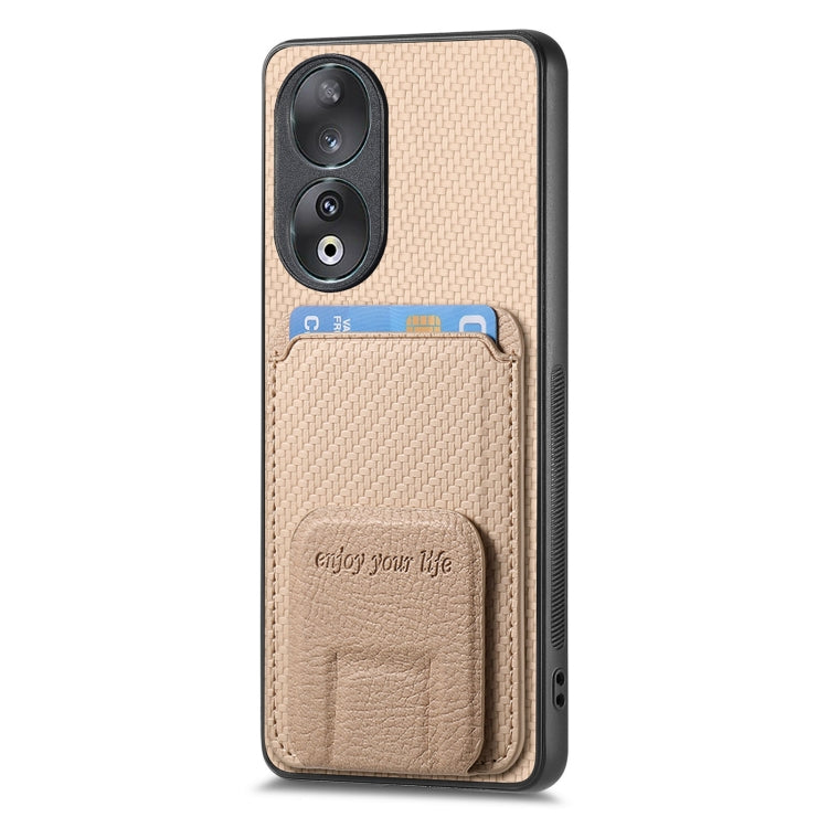 For Honor 100 5G Carbon Fiber Card Bag Fold Stand Phone Case(Khaki)