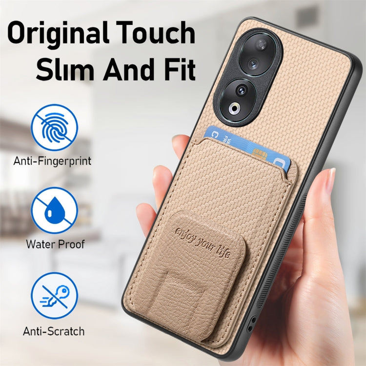 For Honor 100 5G Carbon Fiber Card Bag Fold Stand Phone Case(Khaki)