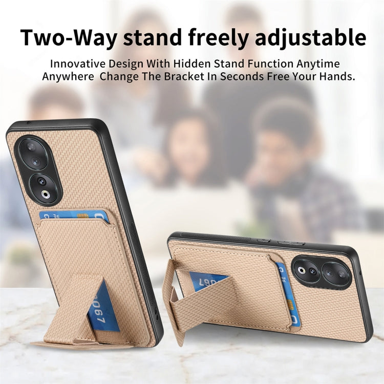 For Honor 100 Pro 5G Carbon Fiber Card Bag Fold Stand Phone Case(Khaki)
