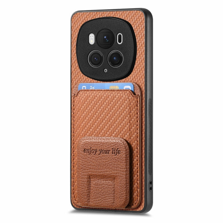 For Honor Magic6 Pro Carbon Fiber Card Bag Fold Stand Phone Case(Brown)