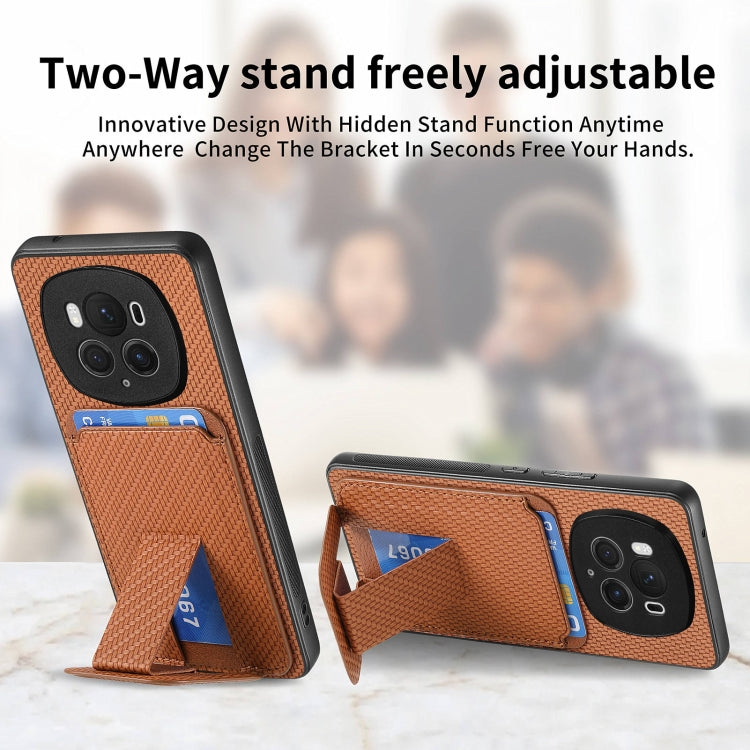 For Honor Magic6 Pro Carbon Fiber Card Bag Fold Stand Phone Case(Brown)