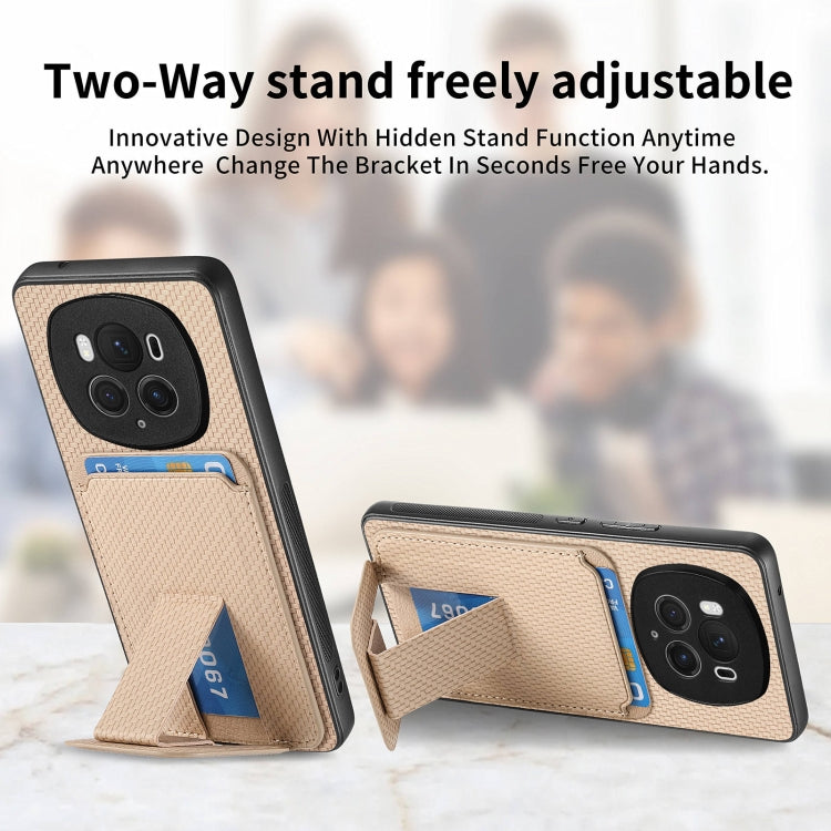 For Honor Magic6 Pro Carbon Fiber Card Bag Fold Stand Phone Case(Khaki)