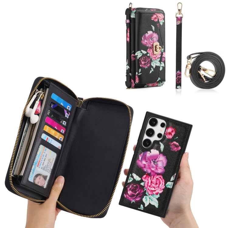 For Samsung Galaxy S24 5G Flower Multi-functional Crossbody Zipper Wallet Leather Phone Case(Black)