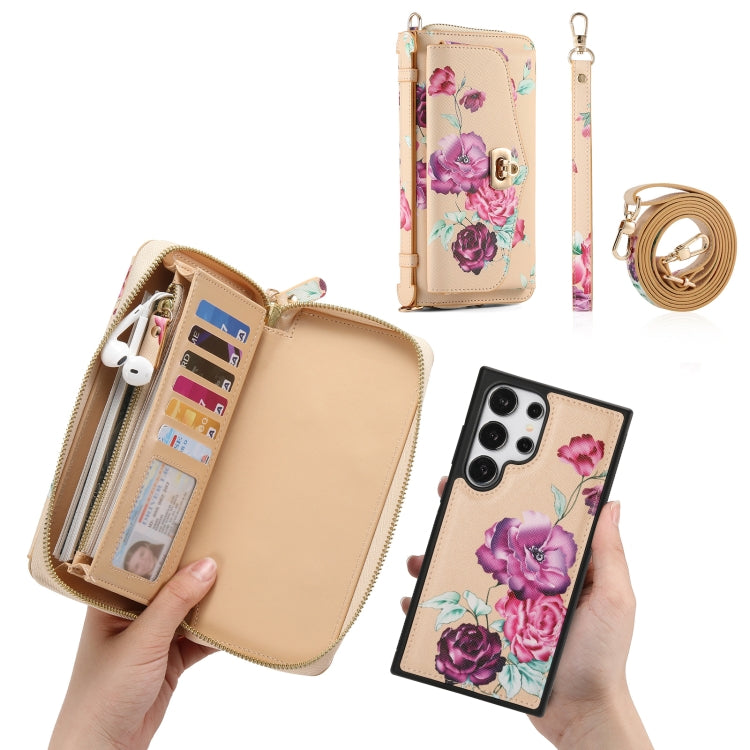 For Samsung Galaxy S24 5G Flower Multi-functional Crossbody Zipper Wallet Leather Phone Case(Yellow)