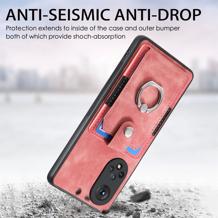 For Honor X50 Retro Skin-feel Ring Card Wallet Phone Case(Pink)