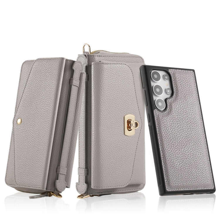 For Samsung Galaxy S24 5G Crossbody Multi-functional Zipper Wallet Litchi Leather Phone Case(Grey)