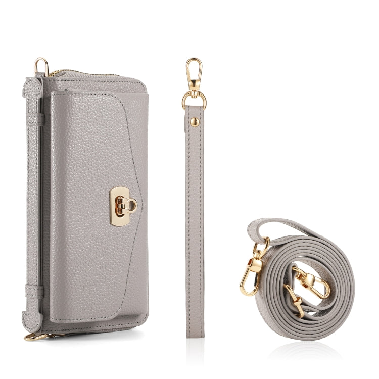 For Samsung Galaxy S24 5G Crossbody Multi-functional Zipper Wallet Litchi Leather Phone Case(Grey)