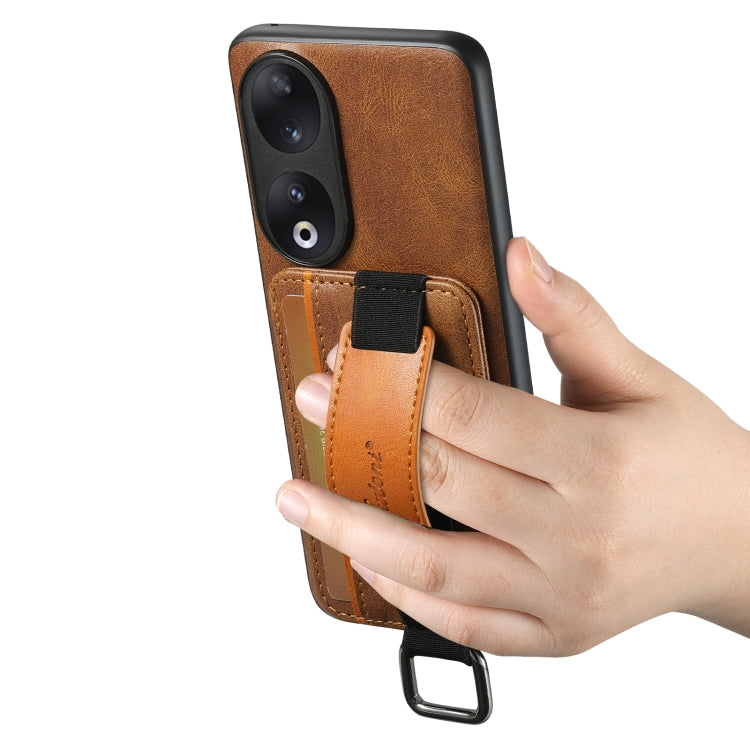 For Honor 90 Suteni H13 Card Wallet Wrist Strap Holder PU Phone Case(Brown)