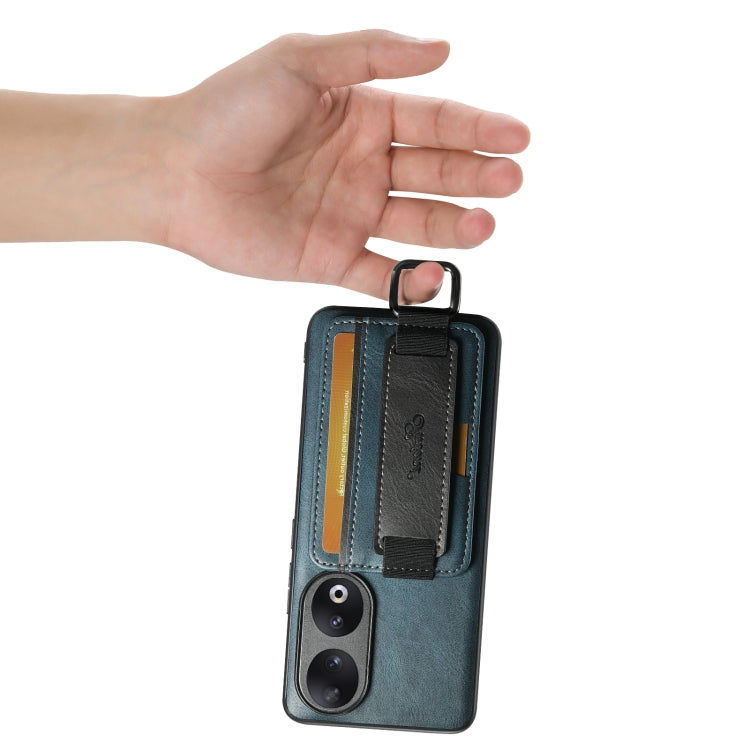 For Honor 90 Suteni H13 Card Wallet Wrist Strap Holder PU Phone Case(Blue)