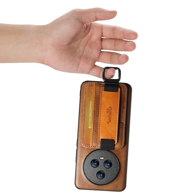 For Honor Magic5 Suteni H13 Card Wallet Wrist Strap Holder PU Phone Case(Brown)