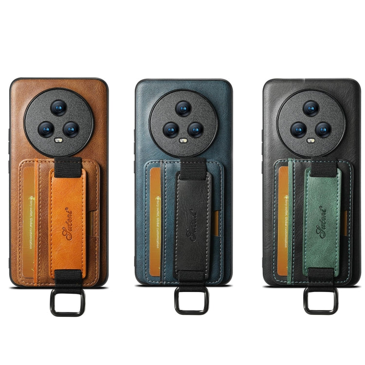 For Honor Magic5 Pro Suteni H13 Card Wallet Wrist Strap Holder PU Phone Case(Black)