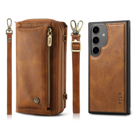 For Samsung Galaxy S24 5G Crossbody Multi-functional Zipper Wallet Leather Phone Case(Brown)