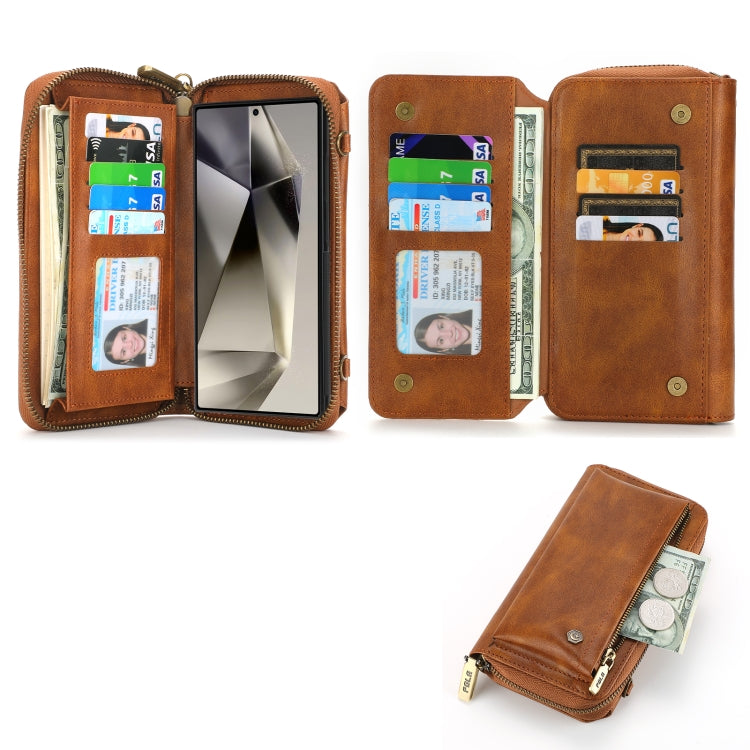 For Samsung Galaxy S24 5G Crossbody Multi-functional Zipper Wallet Leather Phone Case(Brown)