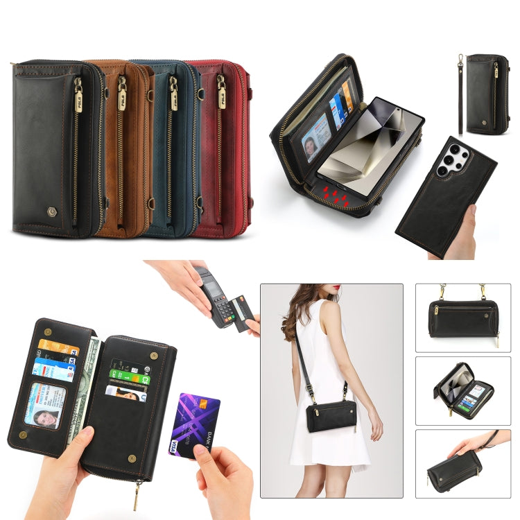 For Samsung Galaxy S24 5G Crossbody Multi-functional Zipper Wallet Leather Phone Case(Brown)
