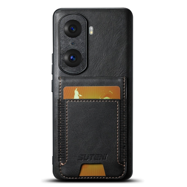 For Honor 60 Pro Suteni H03 Oil Wax Leather Wallet Stand Back Phone Case(Black)