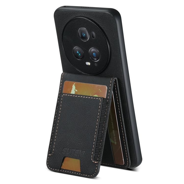 For Honor Magic6 Pro Suteni H03 Litchi Leather Card Bag Stand Back Phone Case(Black)