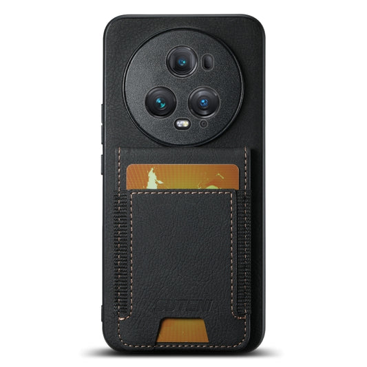 For Honor Magic5 Pro Suteni H03 Litchi Leather Card Bag Stand Back Phone Case(Black)