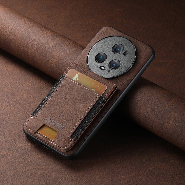 For Honor Magic5 Pro Suteni H03 Litchi Leather Card Bag Stand Back Phone Case(Brown)