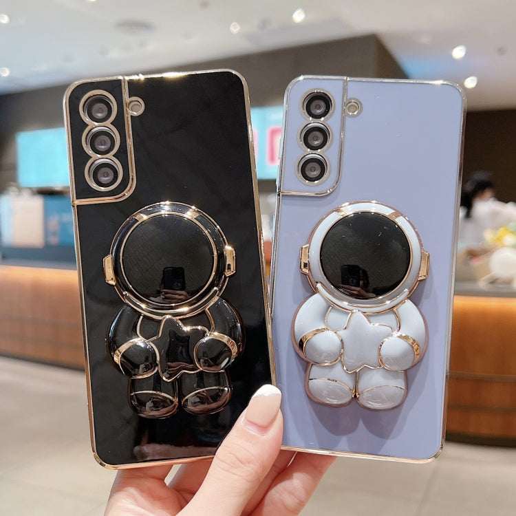 For Samsung Galaxy S24 5G Embrace Stars Electroplating Astronaut Holder Phone Case(White)