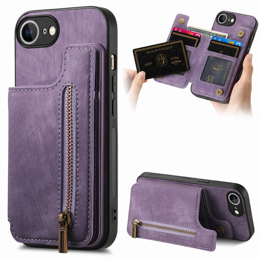 For iPhone 16e Retro Leather Zipper Wallet Back Phone Case(Purple)