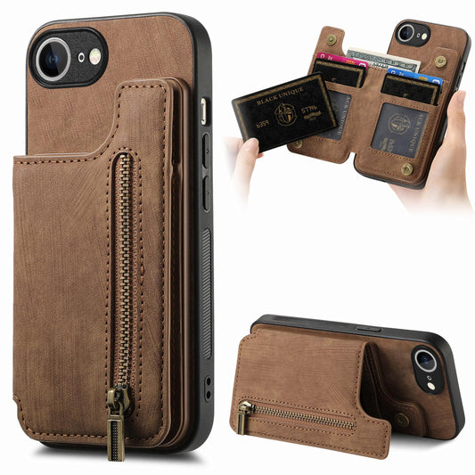 For iPhone 16e Retro Leather Zipper Wallet Back Phone Case(Brown)