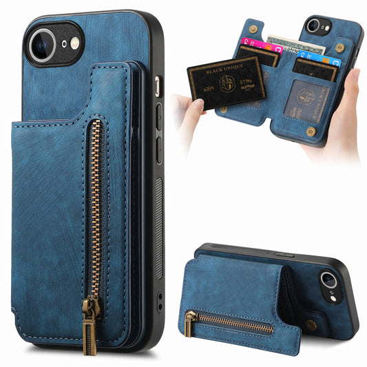 For iPhone 16e Retro Leather Zipper Wallet Back Phone Case(Blue)