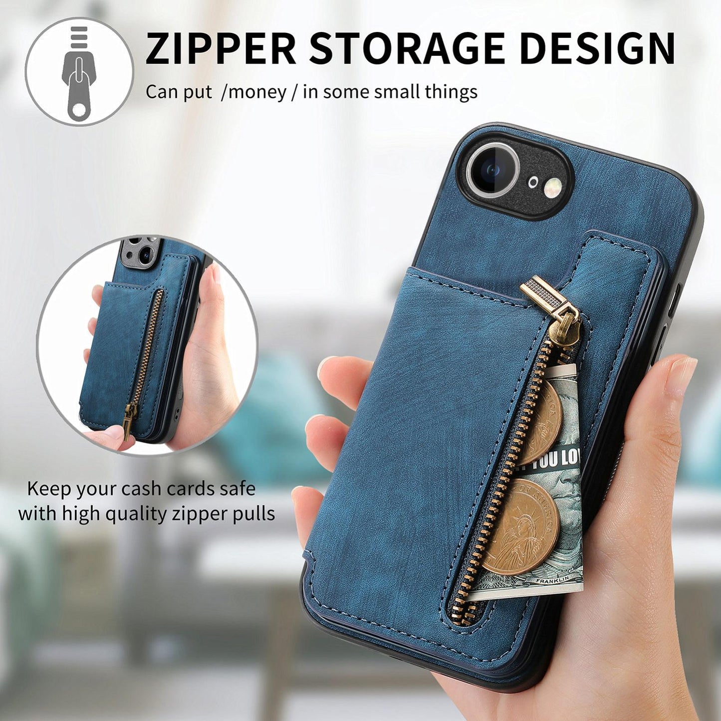 For iPhone 16e Retro Leather Zipper Wallet Back Phone Case(Blue)