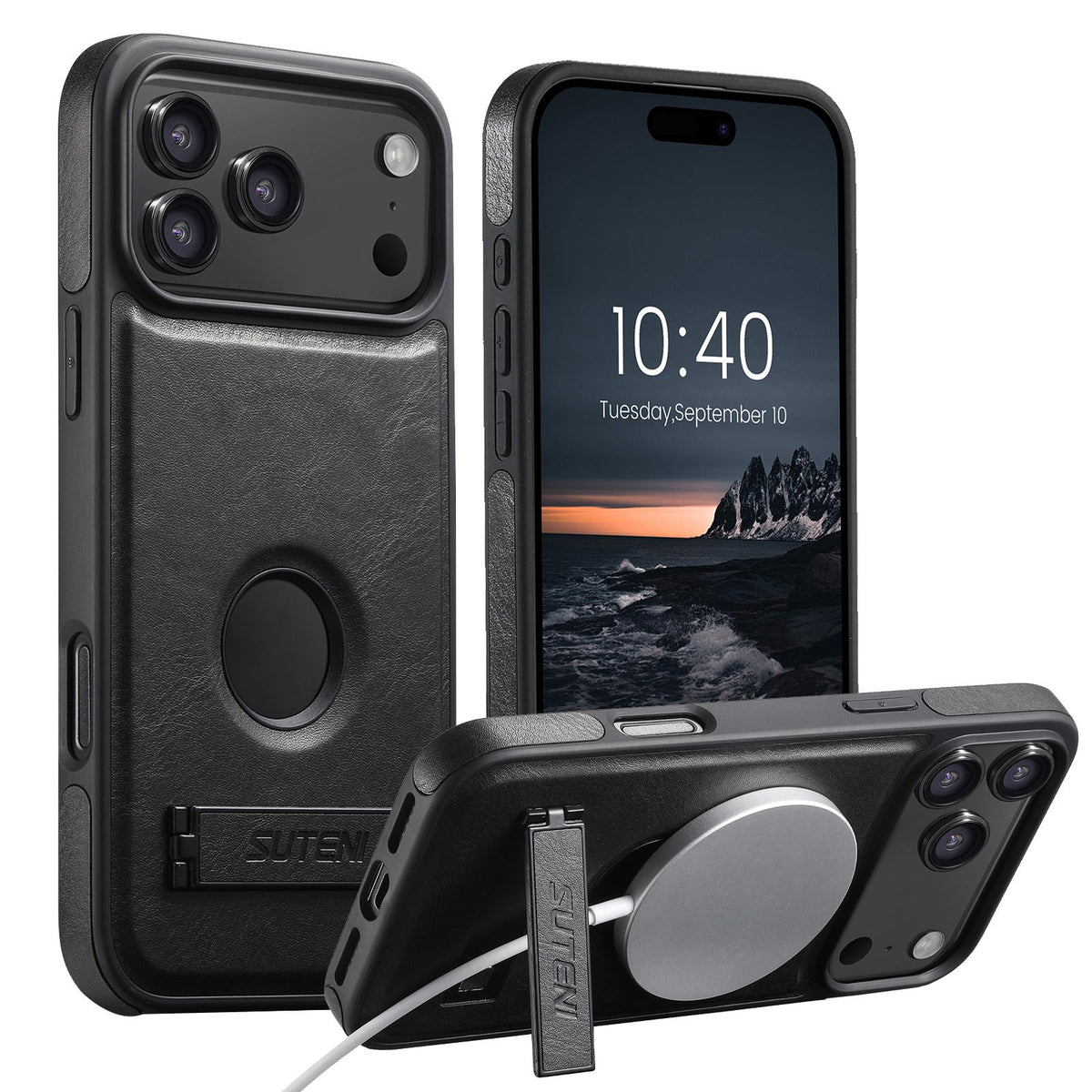 Compatible with iPhone 18 Pro Max Suteni G2 Magsafe Oil Wax Leather Back Phone Case with Holder - Black
