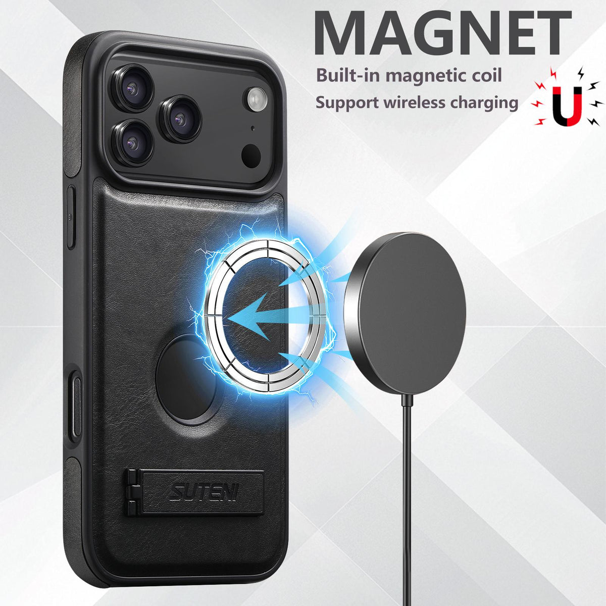 Compatible with iPhone 18 Pro Max Suteni G2 Magsafe Oil Wax Leather Back Phone Case with Holder - Black
