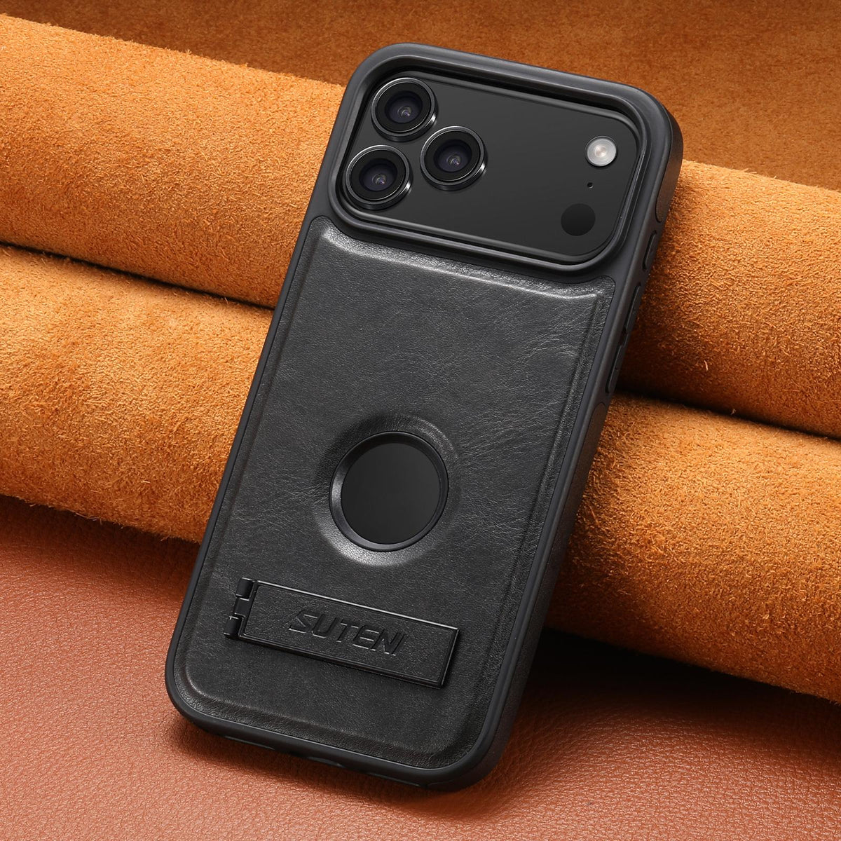 Compatible with iPhone 18 Pro Max Suteni G2 Magsafe Oil Wax Leather Back Phone Case with Holder - Black
