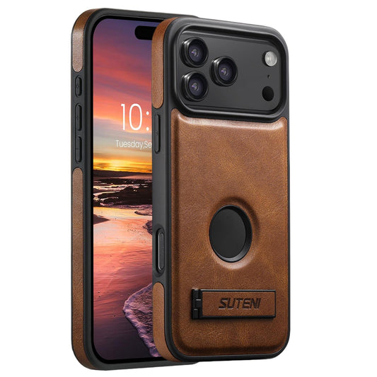 Compatible with iPhone 18 Pro Max Suteni G2 Magsafe Oil Wax Leather Back Phone Case with Holder - Brown