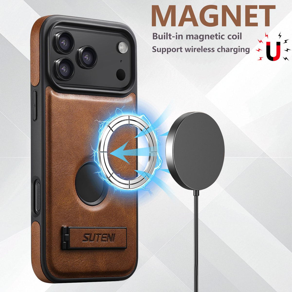 Compatible with iPhone 18 Pro Max Suteni G2 Magsafe Oil Wax Leather Back Phone Case with Holder - Brown