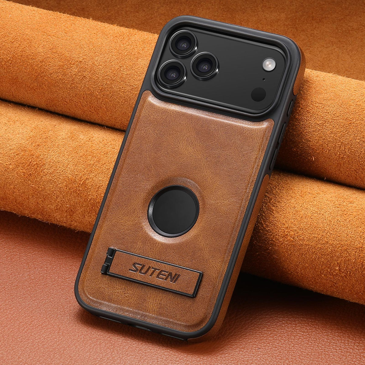 Compatible with iPhone 18 Pro Max Suteni G2 Magsafe Oil Wax Leather Back Phone Case with Holder - Brown