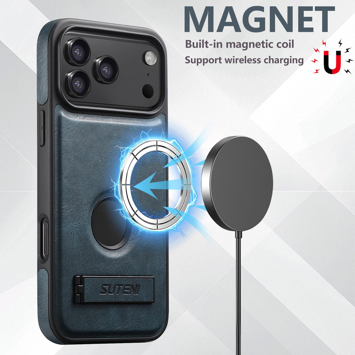 Compatible with iPhone 18 Pro Max Suteni G2 Magsafe Oil Wax Leather Back Phone Case with Holder - Blue