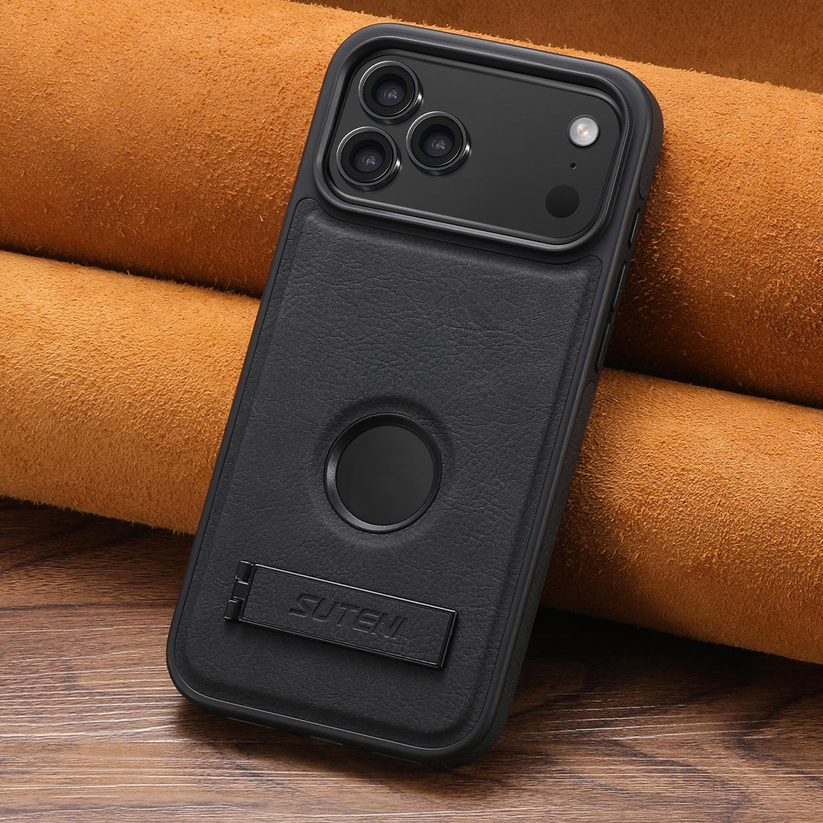 Compatible with iPhone 18 Pro Max Suteni G2 Magsafe Litchi Texture Leather Back Phone Case with Holder - Black