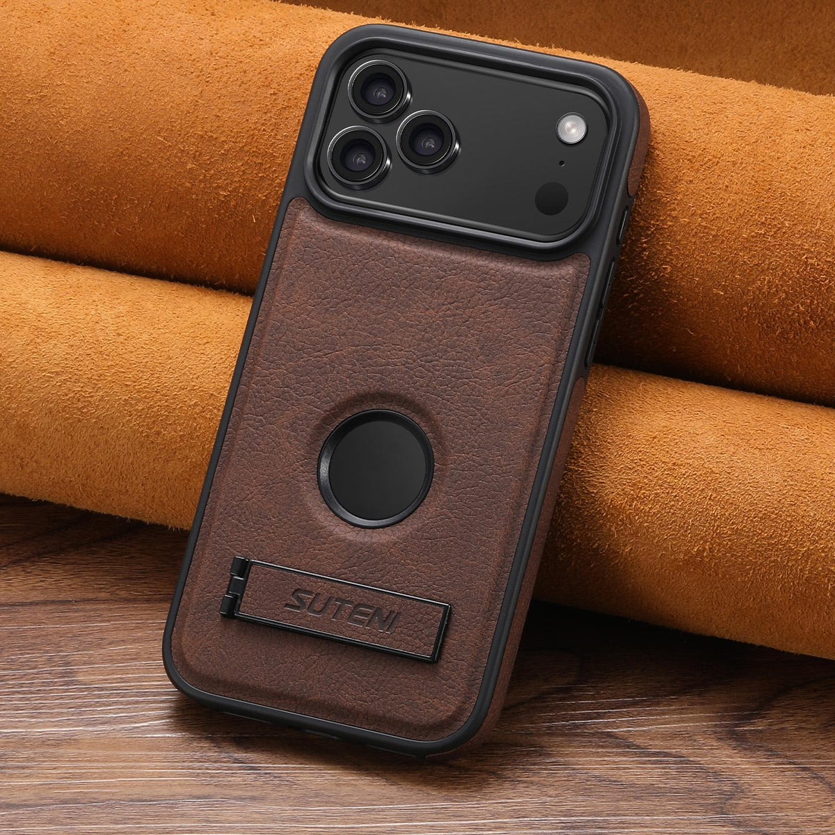 Compatible with iPhone 18 Pro Max Suteni G2 Magsafe Litchi Texture Leather Back Phone Case with Holder - Brown