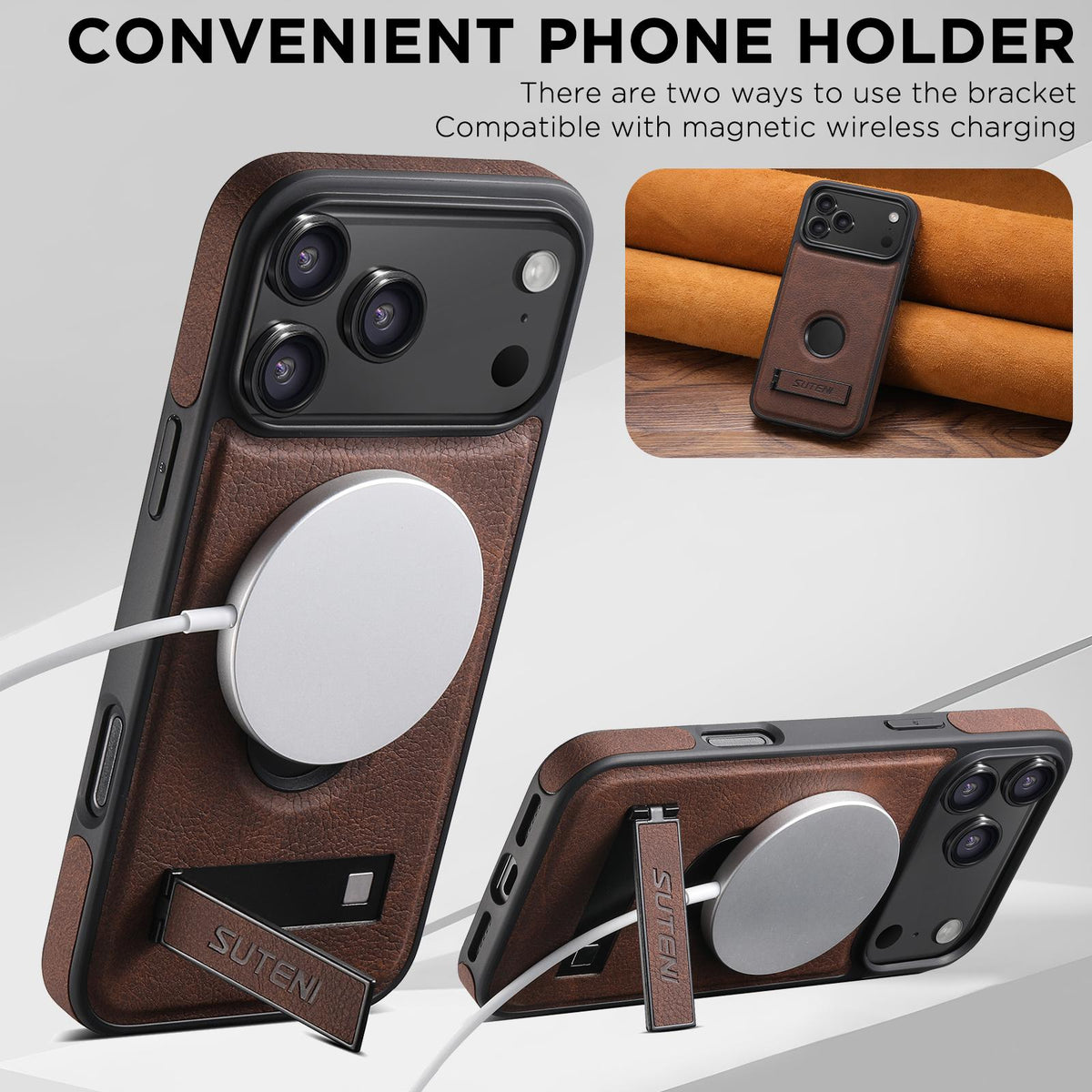 Compatible with iPhone 18 Pro Max Suteni G2 Magsafe Litchi Texture Leather Back Phone Case with Holder - Brown