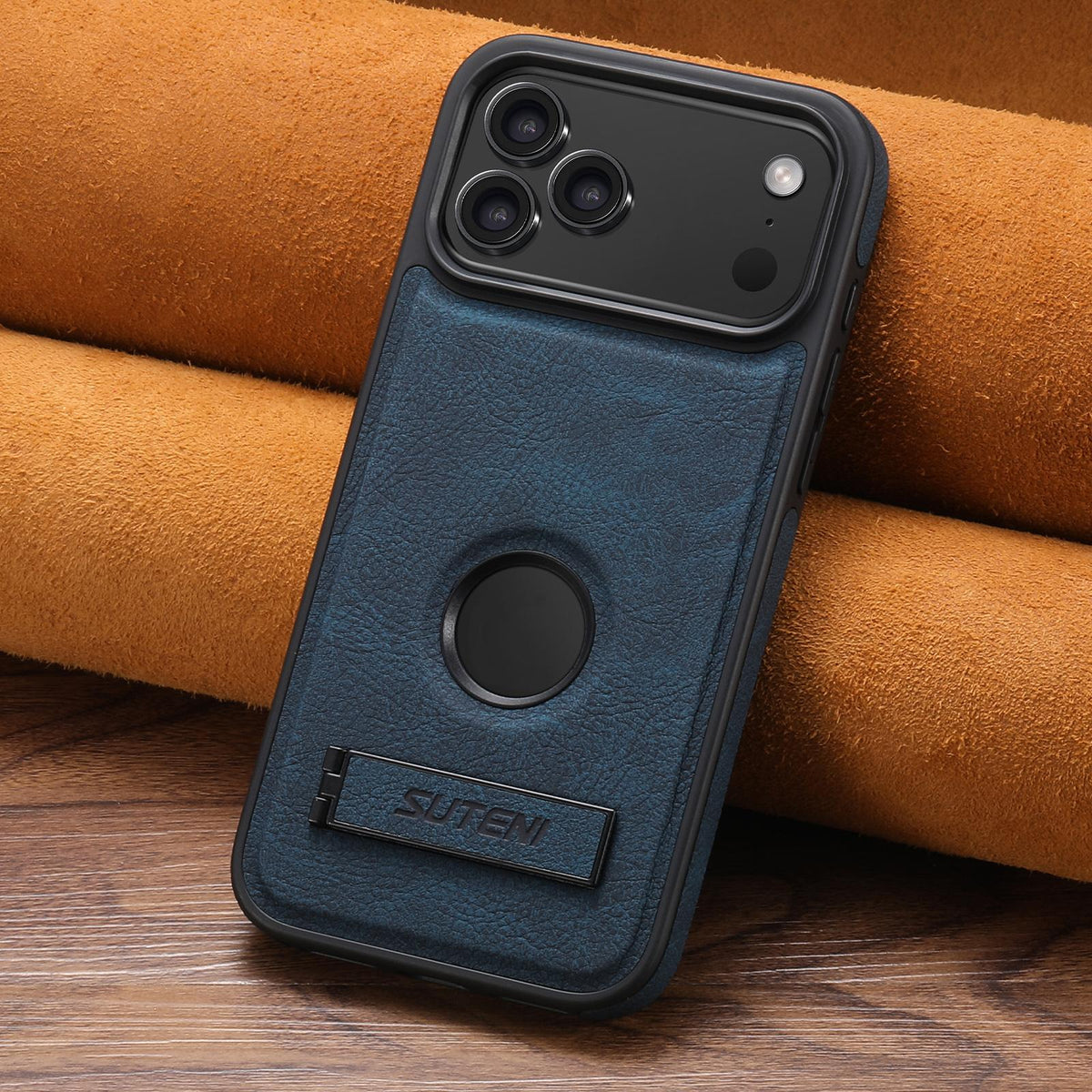 Compatible with iPhone 18 Pro Suteni G2 Magsafe Litchi Texture Leather Back Phone Case with Holder - Blue
