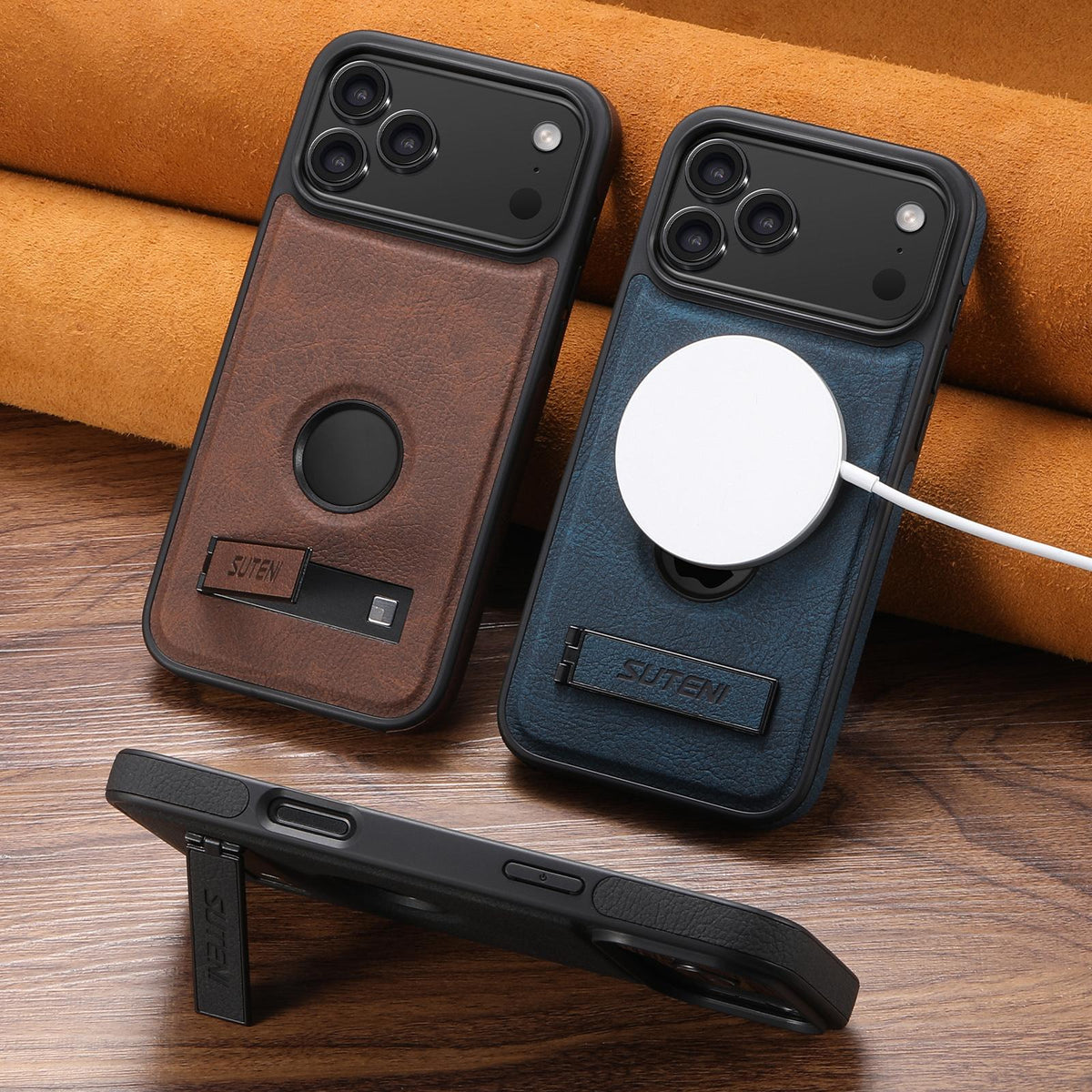 Compatible with iPhone 18 Pro Max Suteni G2 Magsafe Litchi Texture Leather Back Phone Case with Holder - Brown